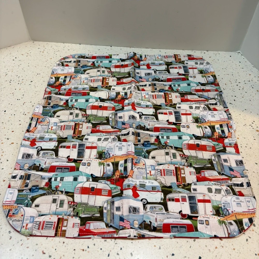 Colorful Vintage Travel Trailer Camper Print Fabric Placemats Set of 2 USA‎